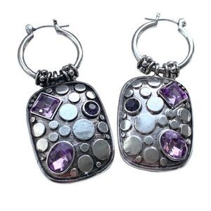 Balinese Style Faux Amethyst Purple Crystal & Silver Tone Metal, Unisex Earrings